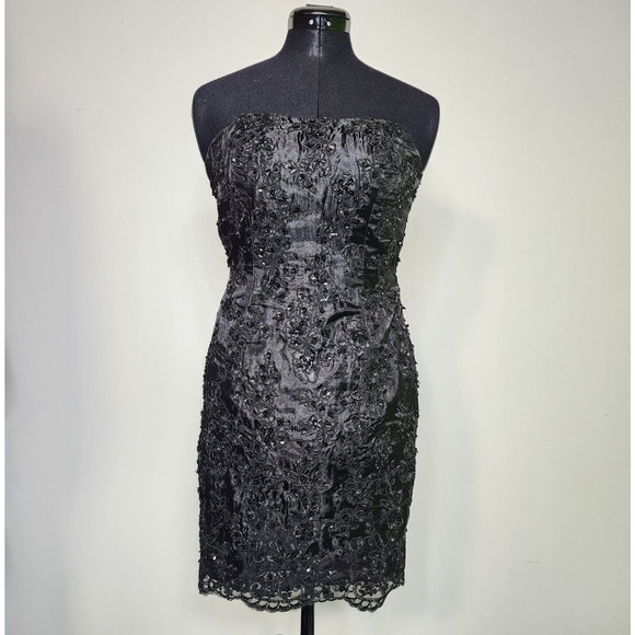 Black Embroidered Beaded Midi Formal Goth Prom Homecoming Strapless Alt Dress - Picture 2 of 10